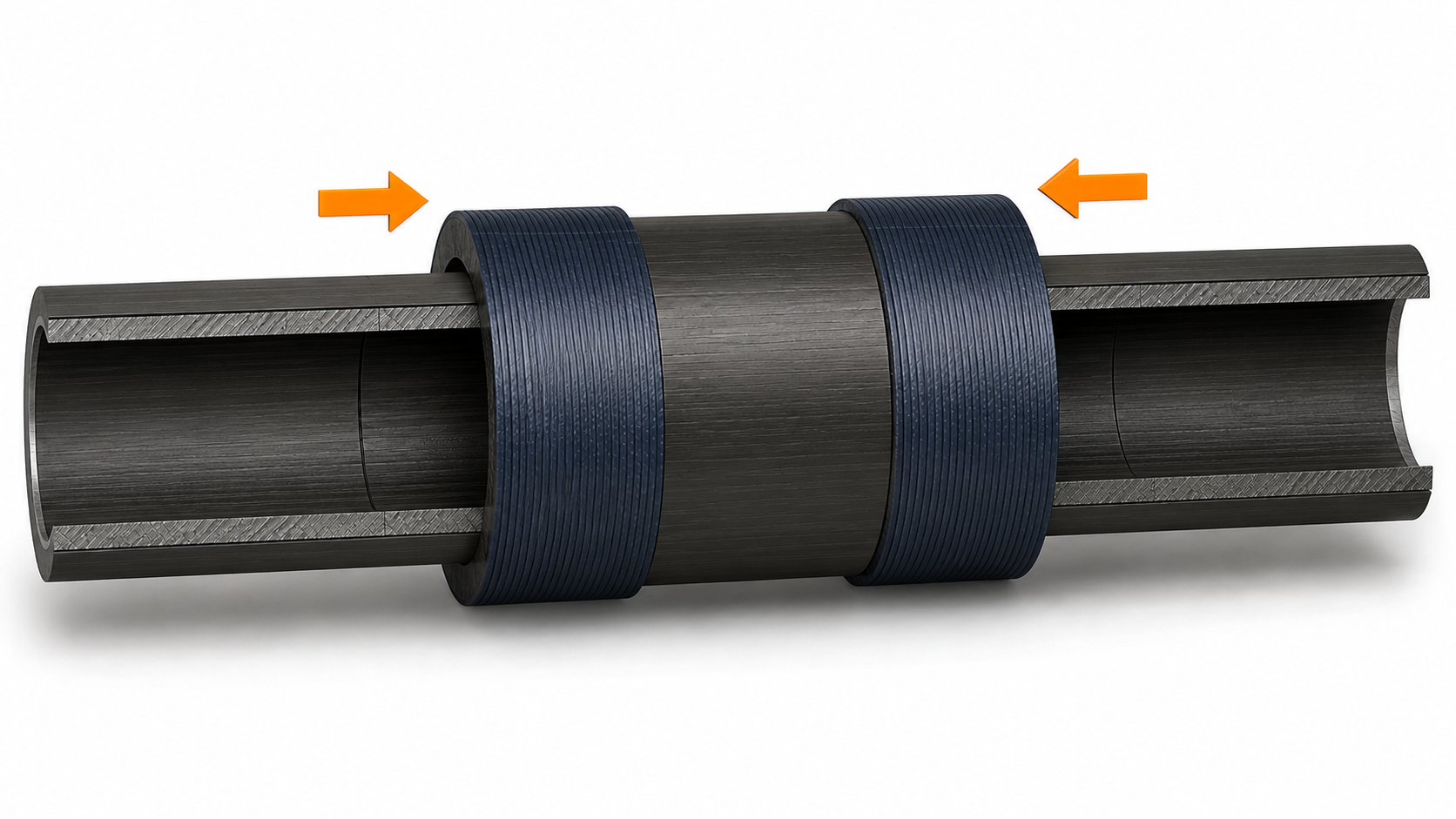 Schnittansicht einer mechanischen FKV-Rohrverbindung mit Verbindungsstück und Stützringen